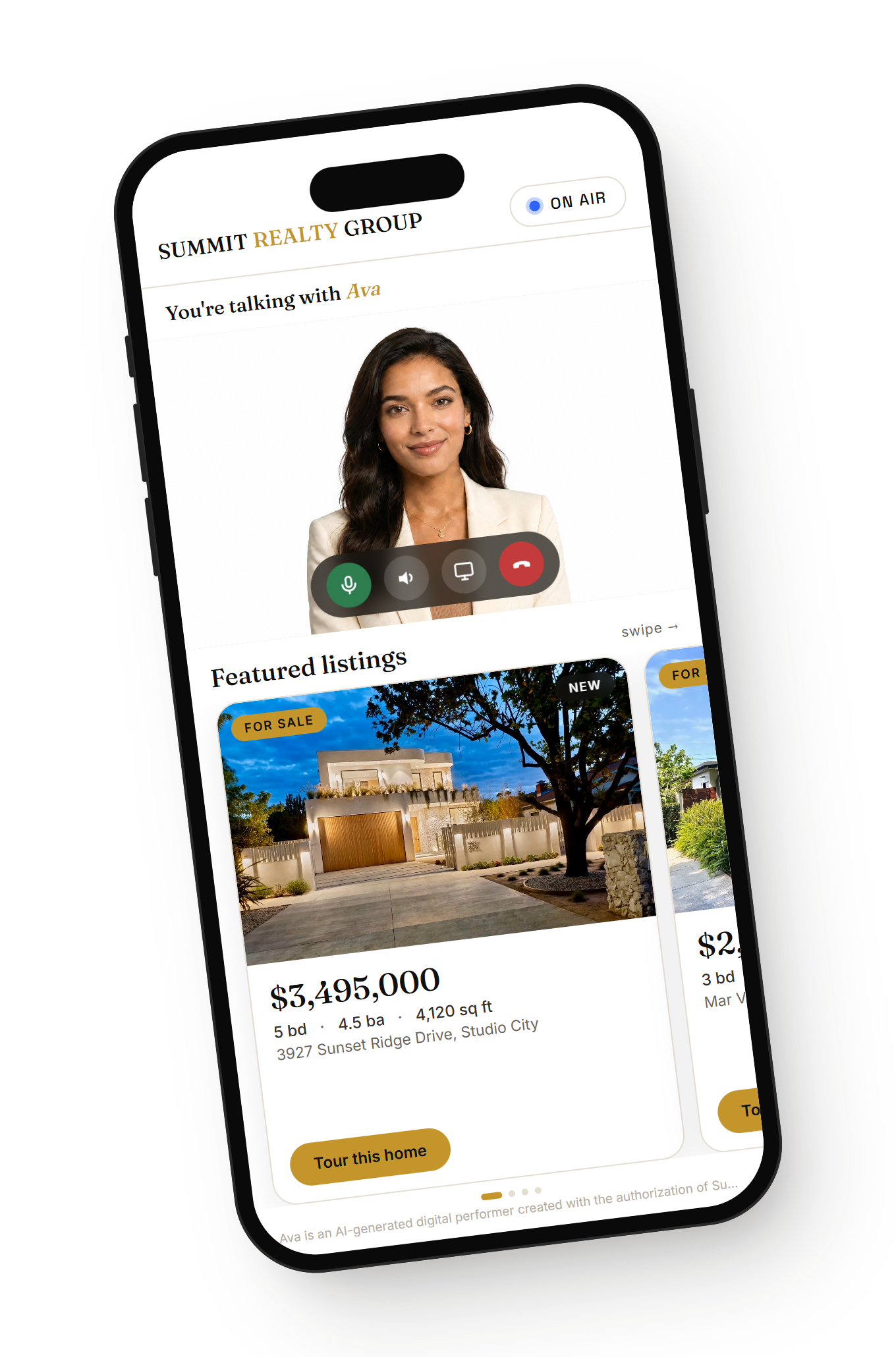 A branded LiveBrand client app on an iPhone — the client's avatar filling the screen